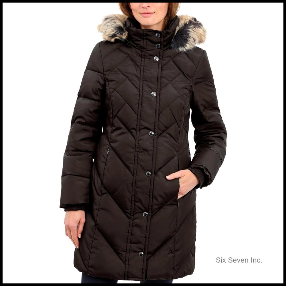 Knee Length Down Coat With Quilted Design And Hood